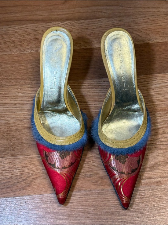 Casadei Shoes - Casadei Italy Brocade Mule Heels Fur Trim Pointed Toe Size 8.5